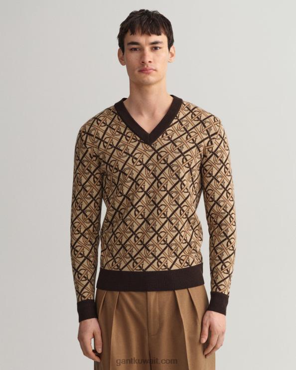 سترة ميرينو برقبة على شكل حرف V ومونوغرام غني بني GANT رجال ZHL2Z363